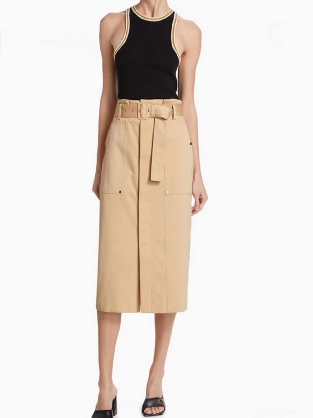 NWT A.L.C. Belted Cotton-Twill Midi Skirt in Latte Size 8